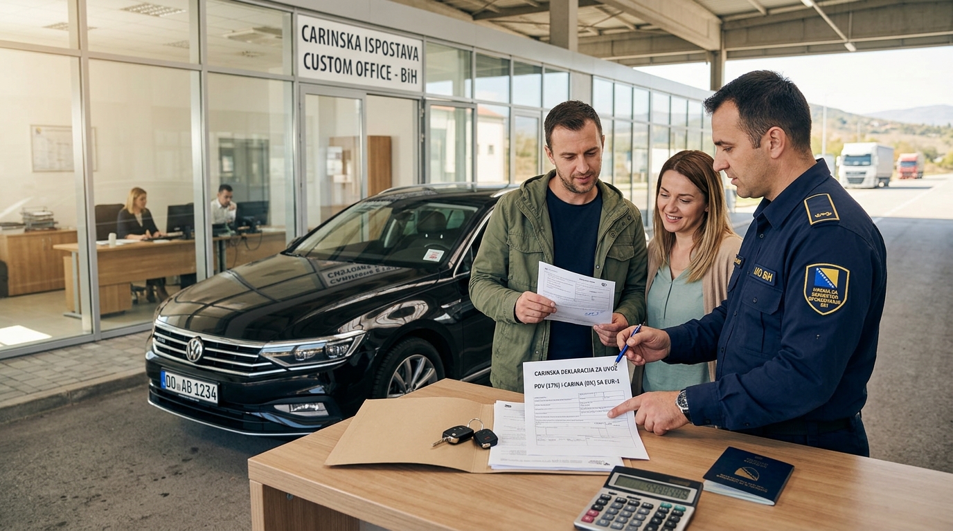 Kupac i vozač pregledaju dokumentaciju za uvoz automobila iz EU u BiH, sa vozilom i dokumentima o carini u pozadini